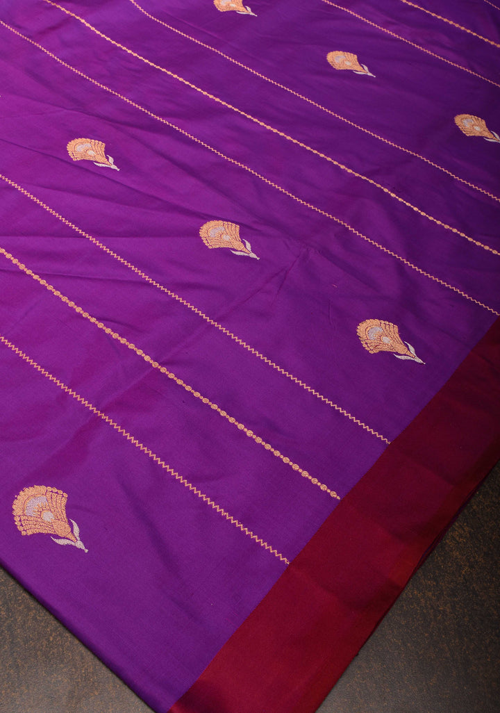 Purple Banarasi Katan silk saree with Vertical Stripes, Alfi Floral Buttas and Contrast Border | SILK MARK CERTIFIED