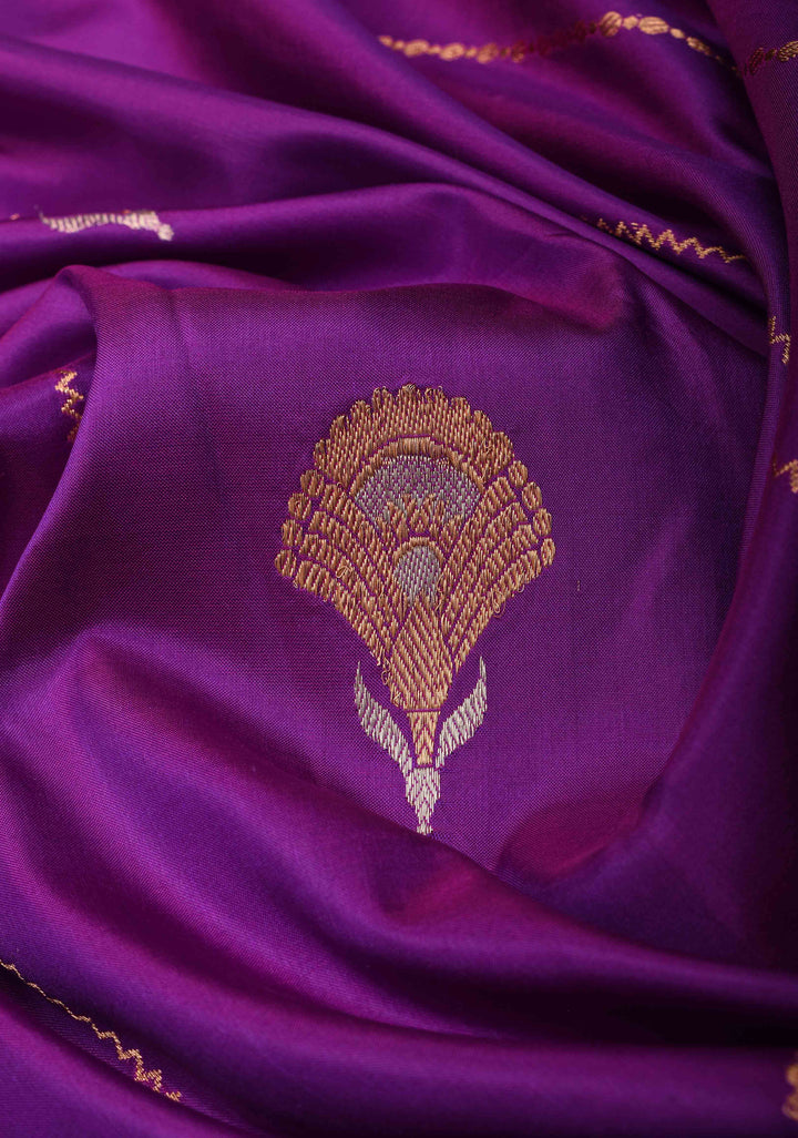 Purple Banarasi Katan silk saree with Vertical Stripes, Alfi Floral Buttas and Contrast Border | SILK MARK CERTIFIED