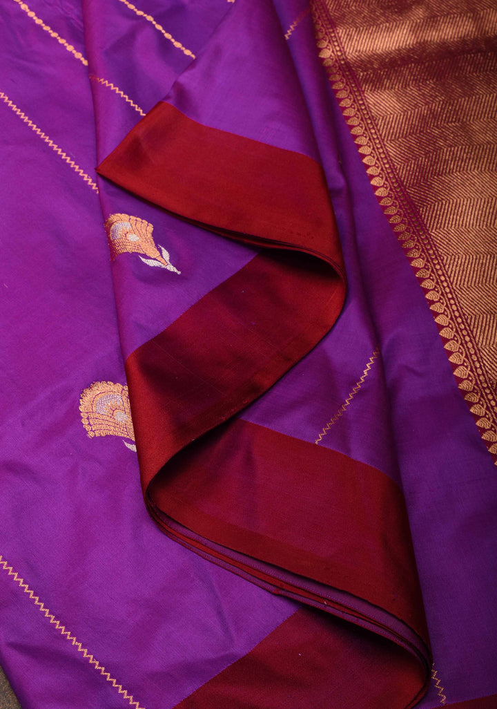 Purple Banarasi Katan silk saree with Vertical Stripes, Alfi Floral Buttas and Contrast Border | SILK MARK CERTIFIED