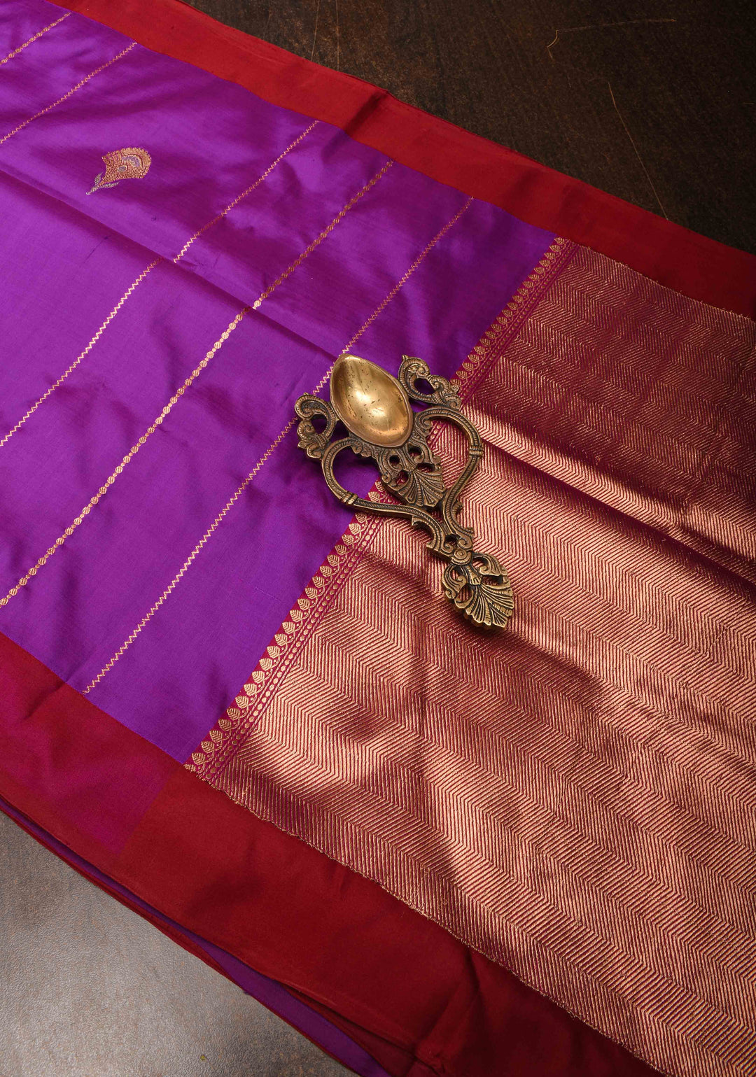 Purple Banarasi Katan silk saree with Vertical Stripes, Alfi Floral Buttas and Contrast Border | SILK MARK CERTIFIED