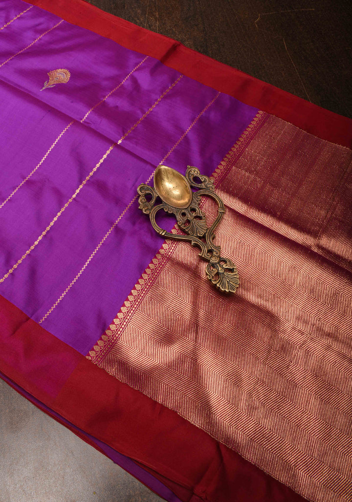 Purple Banarasi Katan silk saree with Vertical Stripes, Alfi Floral Buttas and Contrast Border | SILK MARK CERTIFIED