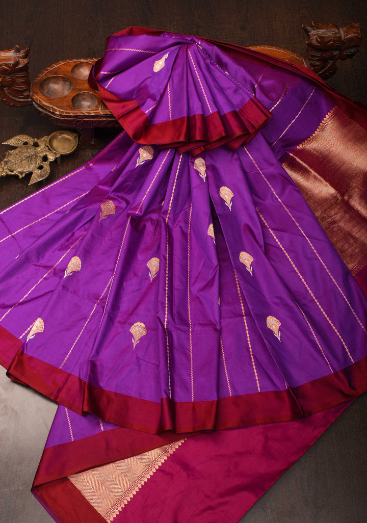 Purple Banarasi Katan silk saree with Vertical Stripes, Alfi Floral Buttas and Contrast Border | SILK MARK CERTIFIED