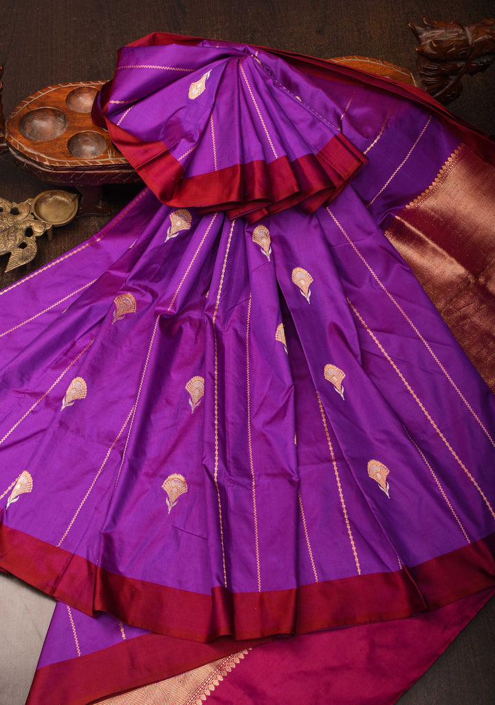 Purple Banarasi Katan silk saree with Vertical Stripes, Alfi Floral Buttas and Contrast Border | SILK MARK CERTIFIED