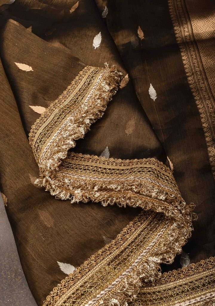Deep Bronze Banarasi Tissue Handloom Saree with Sona Rupa Buttas and Lace Border | SILK MARK CERTIFIED