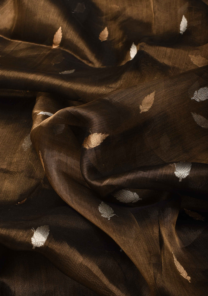 Deep Bronze Banarasi Tissue Handloom Saree with Sona Rupa Buttas and Lace Border | SILK MARK CERTIFIED