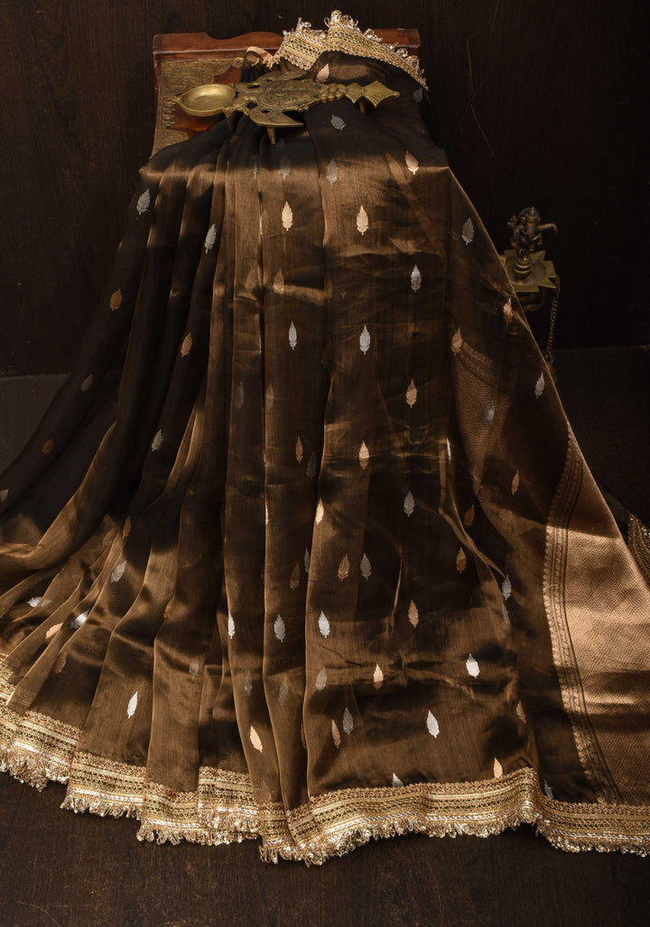 Deep Bronze Banarasi Tissue Handloom Saree with Sona Rupa Buttas and Lace Border | SILK MARK CERTIFIED