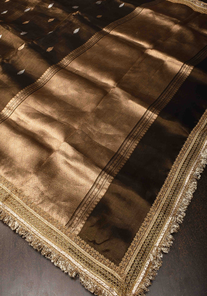 Deep Bronze Banarasi Tissue Handloom Saree with Sona Rupa Buttas and Lace Border | SILK MARK CERTIFIED