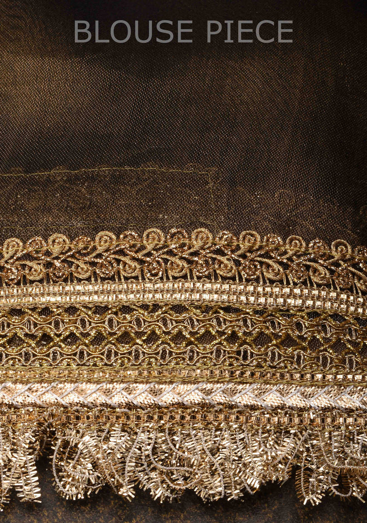 Deep Bronze Banarasi Tissue Handloom Saree with Sona Rupa Buttas and Lace Border | SILK MARK CERTIFIED