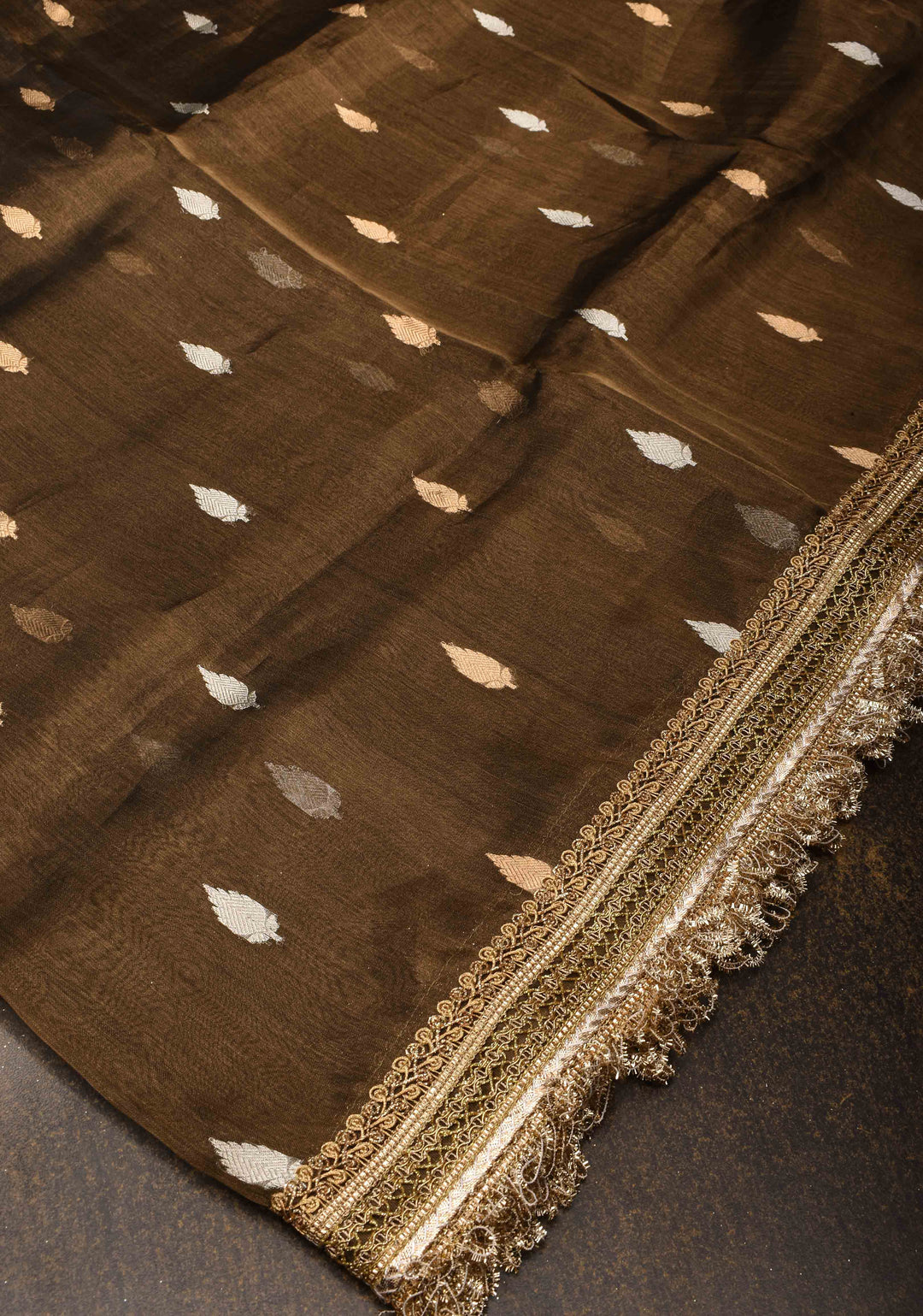 Deep Bronze Banarasi Tissue Handloom Saree with Sona Rupa Buttas and Lace Border | SILK MARK CERTIFIED