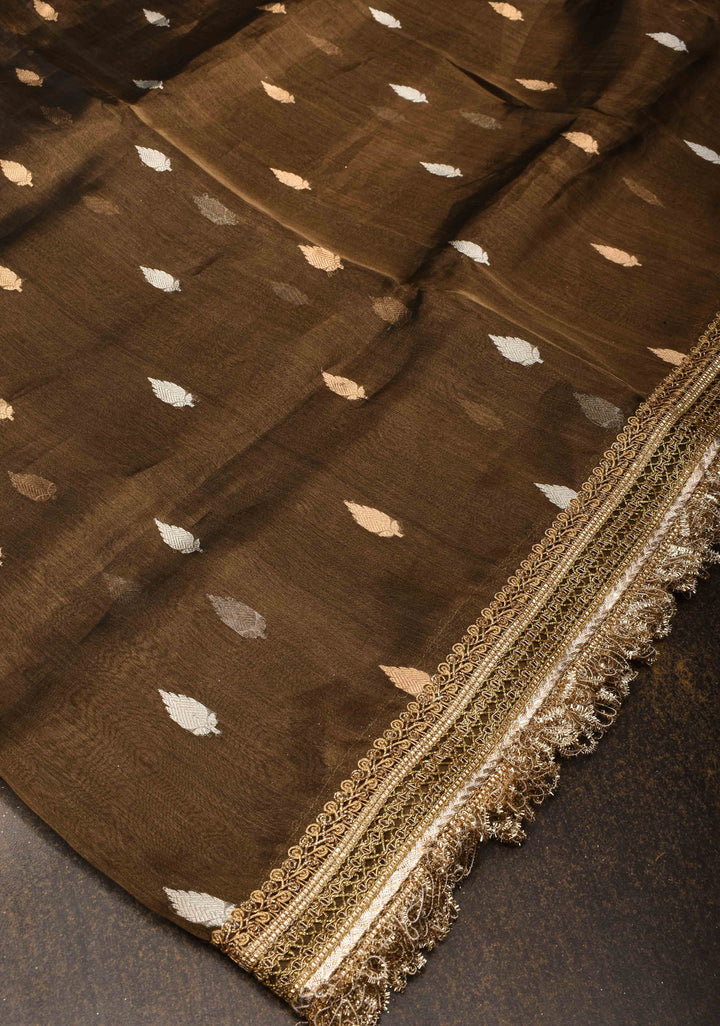 Deep Bronze Banarasi Tissue Handloom Saree with Sona Rupa Buttas and Lace Border | SILK MARK CERTIFIED