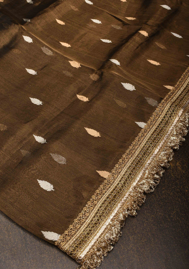 Deep Bronze Banarasi Tissue Handloom Saree with Sona Rupa Buttas and Lace Border | SILK MARK CERTIFIED