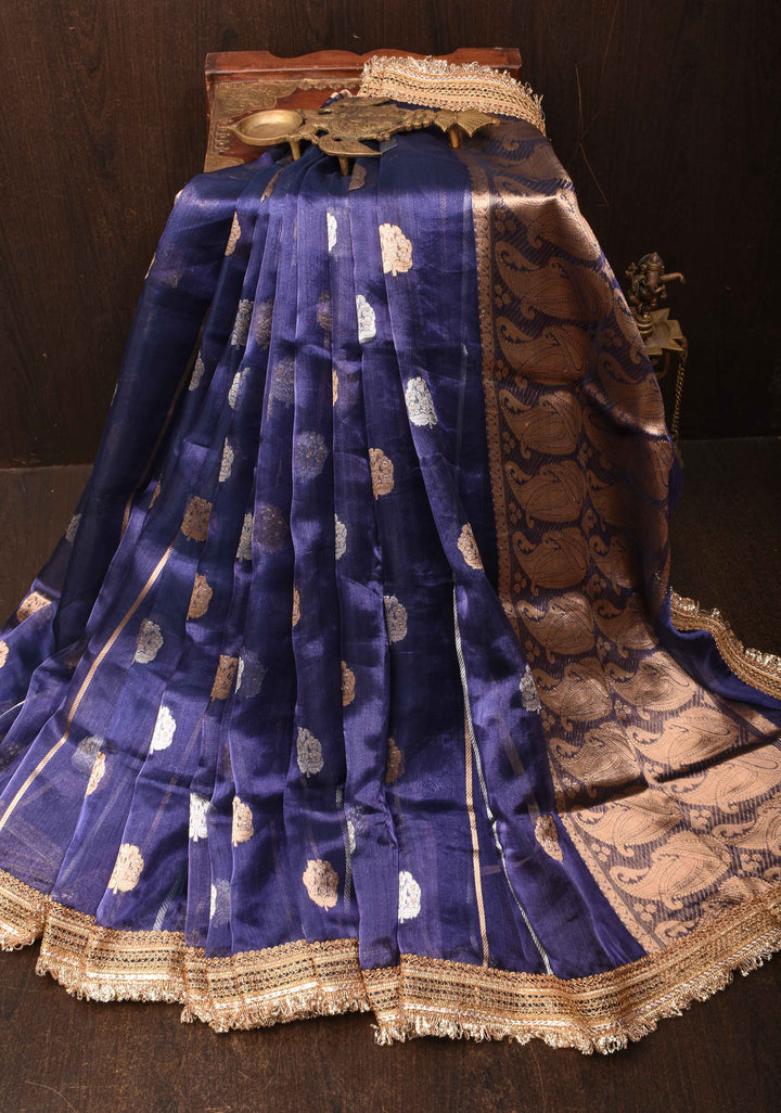 Ink Blue Banarasi Tissue Handloom Saree with Sona Rupa Damask Buttas and Lace Border | SILK MARK CERTIFIED