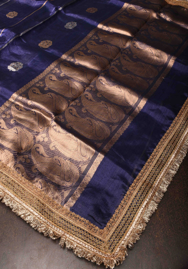 Ink Blue Banarasi Tissue Handloom Saree with Sona Rupa Damask Buttas and Lace Border | SILK MARK CERTIFIED