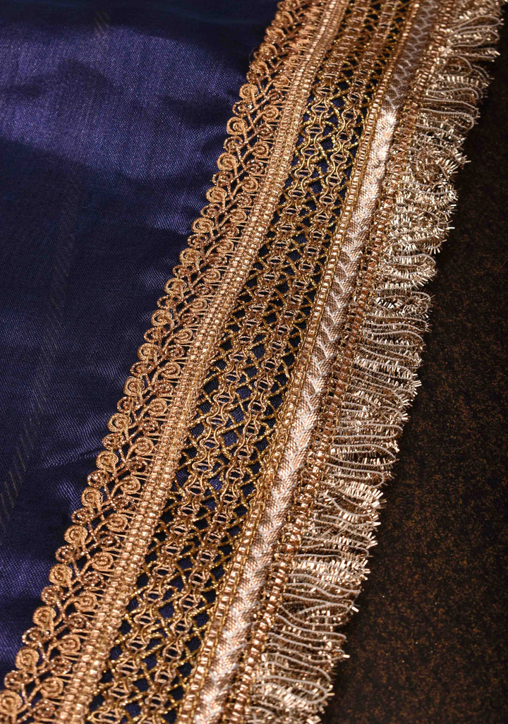 Ink Blue Banarasi Tissue Handloom Saree with Sona Rupa Damask Buttas and Lace Border | SILK MARK CERTIFIED