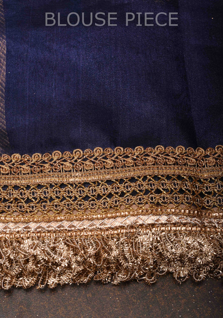 Ink Blue Banarasi Tissue Handloom Saree with Sona Rupa Damask Buttas and Lace Border | SILK MARK CERTIFIED