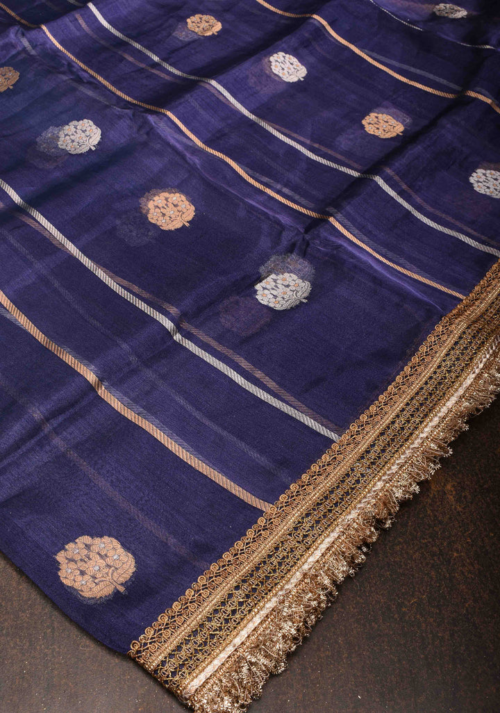 Ink Blue Banarasi Tissue Handloom Saree with Sona Rupa Damask Buttas and Lace Border | SILK MARK CERTIFIED