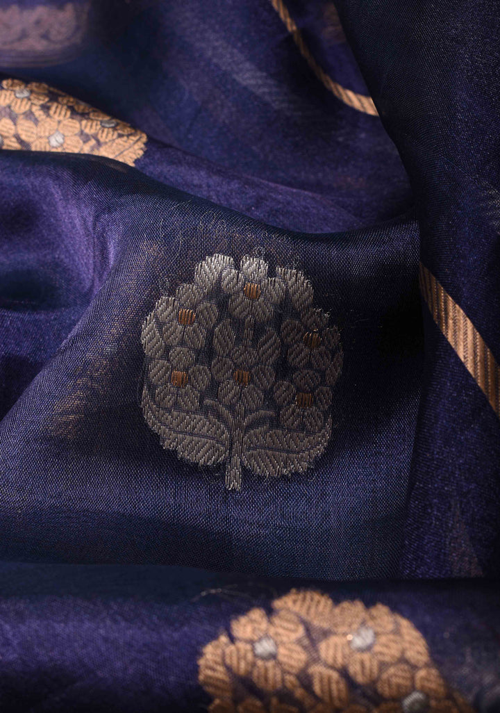 Ink Blue Banarasi Tissue Handloom Saree with Sona Rupa Damask Buttas and Lace Border | SILK MARK CERTIFIED