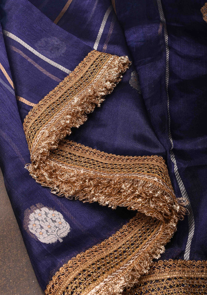 Ink Blue Banarasi Tissue Handloom Saree with Sona Rupa Damask Buttas and Lace Border | SILK MARK CERTIFIED