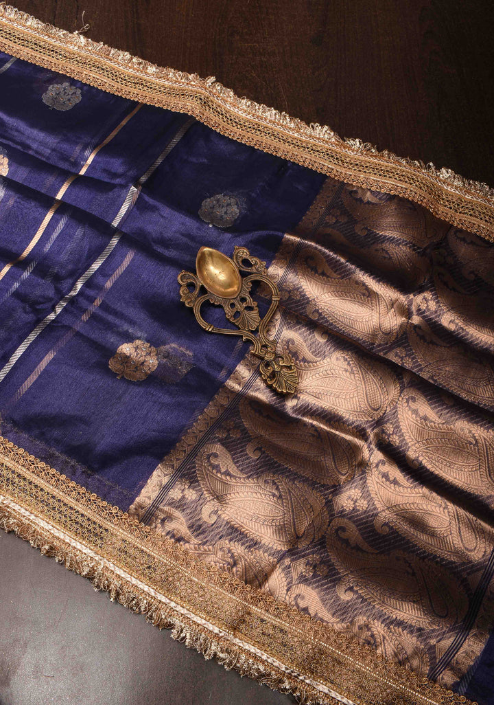 Ink Blue Banarasi Tissue Handloom Saree with Sona Rupa Damask Buttas and Lace Border | SILK MARK CERTIFIED