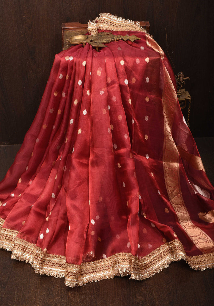 Warm Red Banarasi Tissue Handloom Saree with Sona Rupa Buttis and Lace Border | SILK MARK CERTIFIED