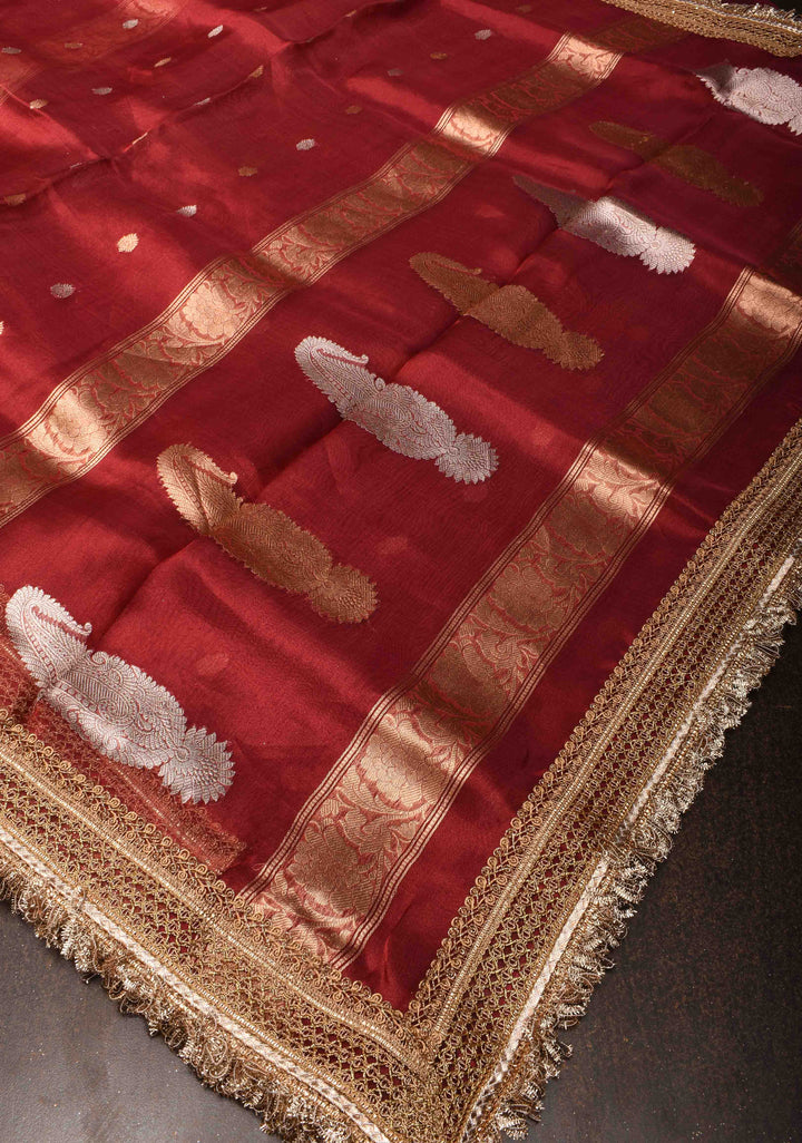 Warm Red Banarasi Tissue Handloom Saree with Sona Rupa Buttis and Lace Border | SILK MARK CERTIFIED