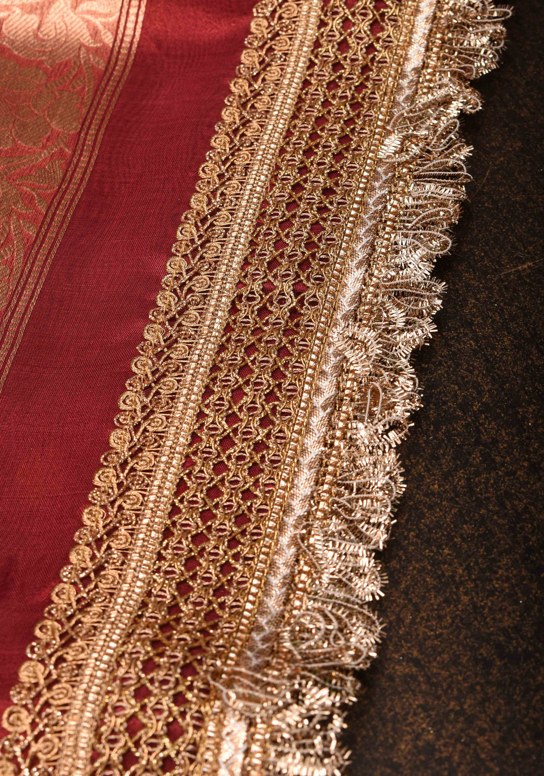 Warm Red Banarasi Tissue Handloom Saree with Sona Rupa Buttis and Lace Border | SILK MARK CERTIFIED