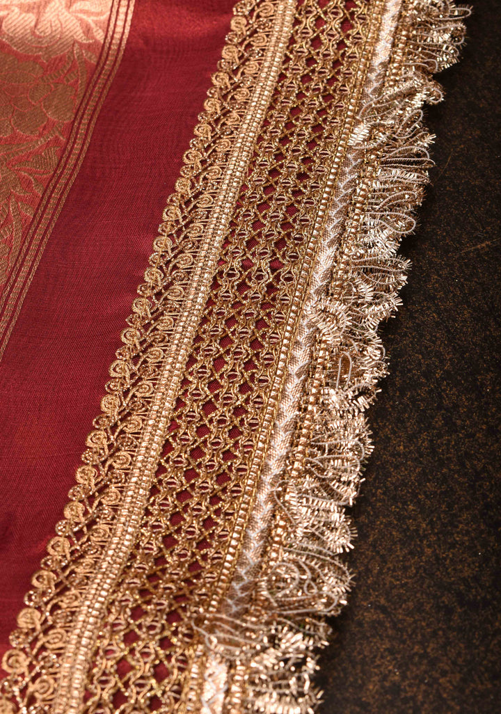 Warm Red Banarasi Tissue Handloom Saree with Sona Rupa Buttis and Lace Border | SILK MARK CERTIFIED