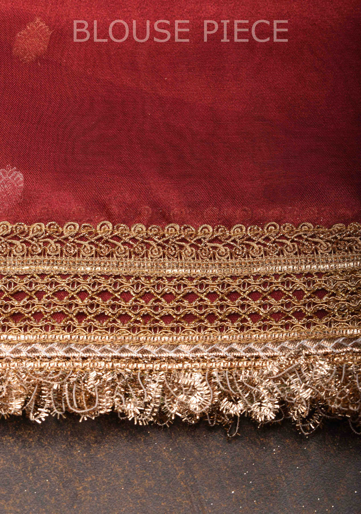 Warm Red Banarasi Tissue Handloom Saree with Sona Rupa Buttis and Lace Border | SILK MARK CERTIFIED