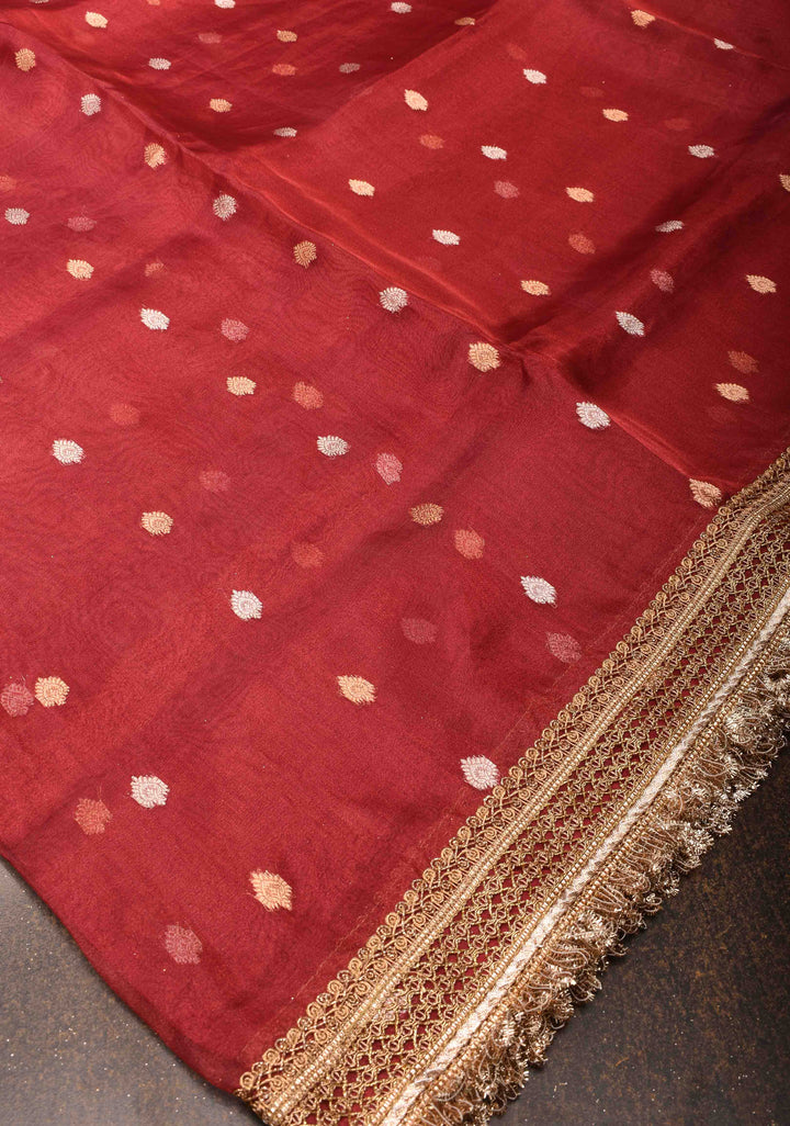 Warm Red Banarasi Tissue Handloom Saree with Sona Rupa Buttis and Lace Border | SILK MARK CERTIFIED