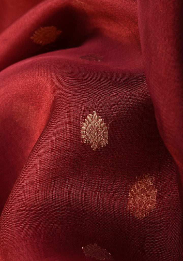 Warm Red Banarasi Tissue Handloom Saree with Sona Rupa Buttis and Lace Border | SILK MARK CERTIFIED