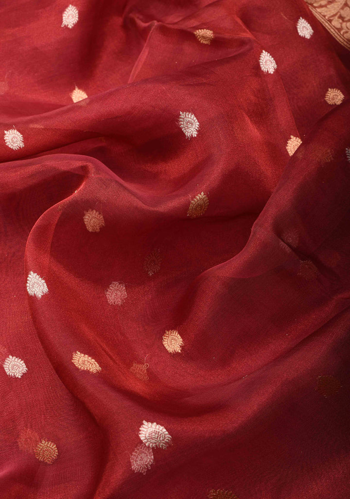 Warm Red Banarasi Tissue Handloom Saree with Sona Rupa Buttis and Lace Border | SILK MARK CERTIFIED