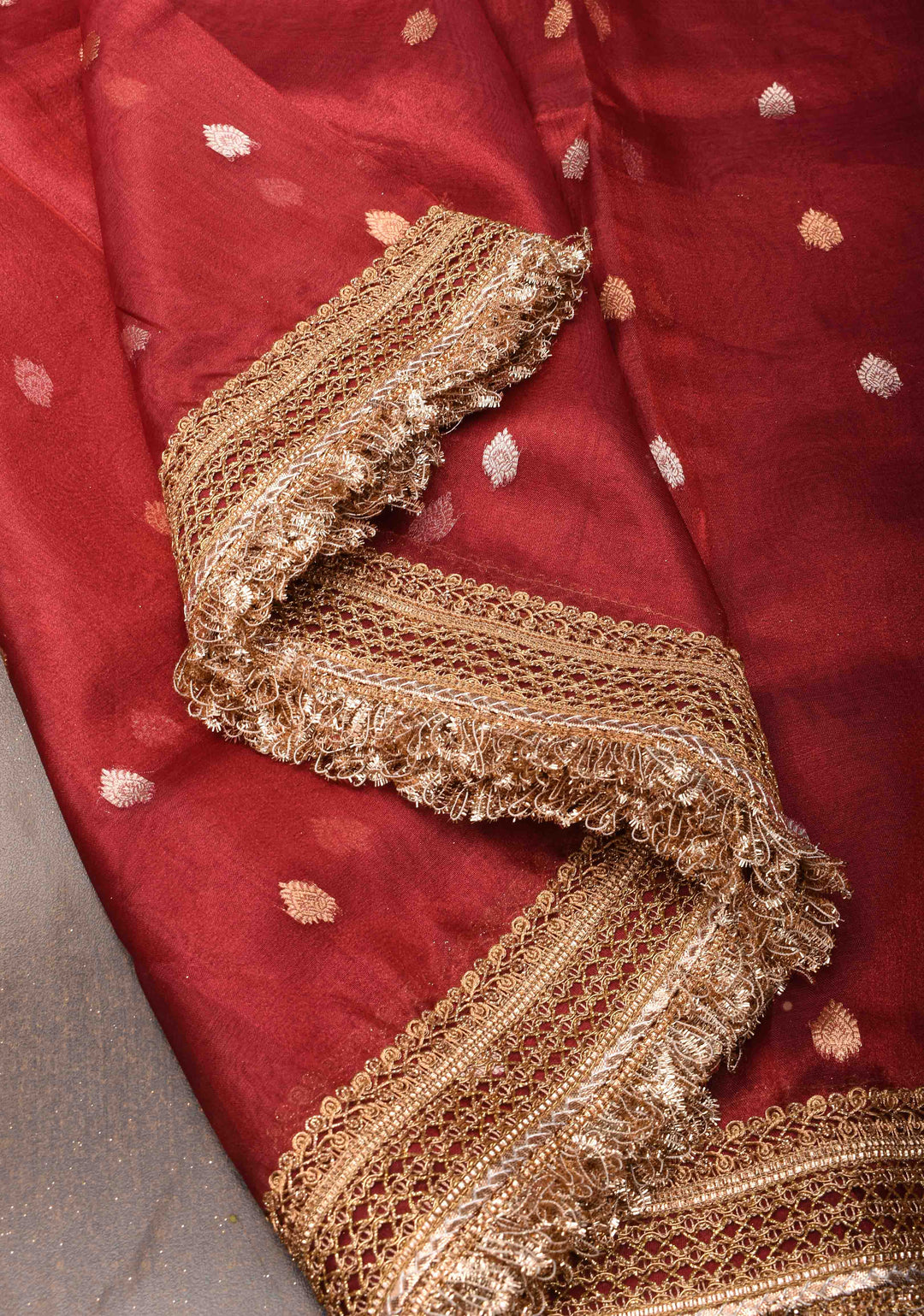 Warm Red Banarasi Tissue Handloom Saree with Sona Rupa Buttis and Lace Border | SILK MARK CERTIFIED