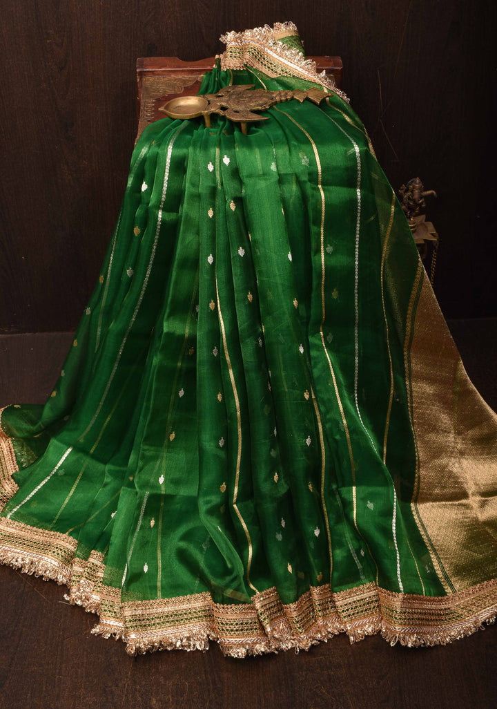 Bottle Green Banarasi Tissue Handloom Saree with Sona Rupa Buttis and Lace Border | SILK MARK CERTIFIED