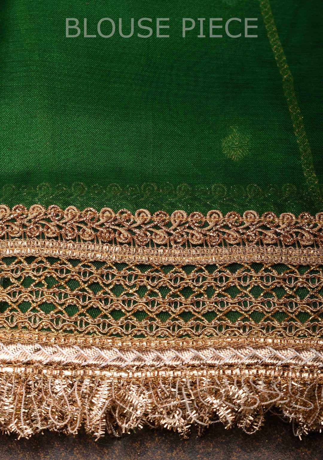 Bottle Green Banarasi Tissue Handloom Saree with Sona Rupa Buttis and Lace Border | SILK MARK CERTIFIED