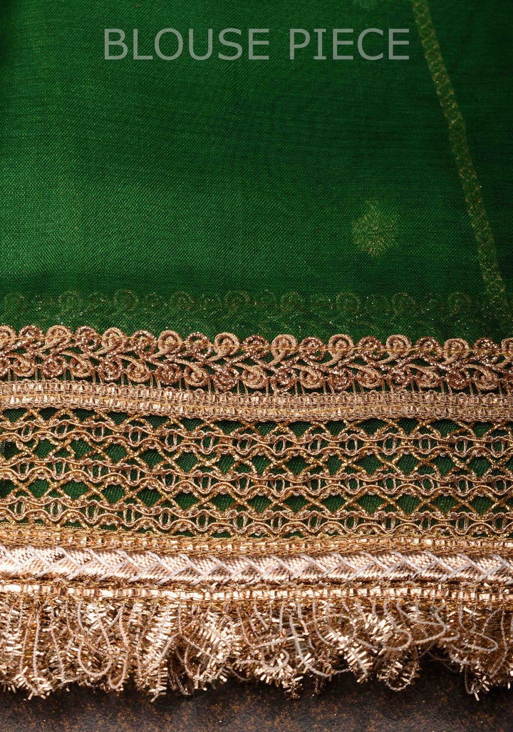 Bottle Green Banarasi Tissue Handloom Saree with Sona Rupa Buttis and Lace Border | SILK MARK CERTIFIED