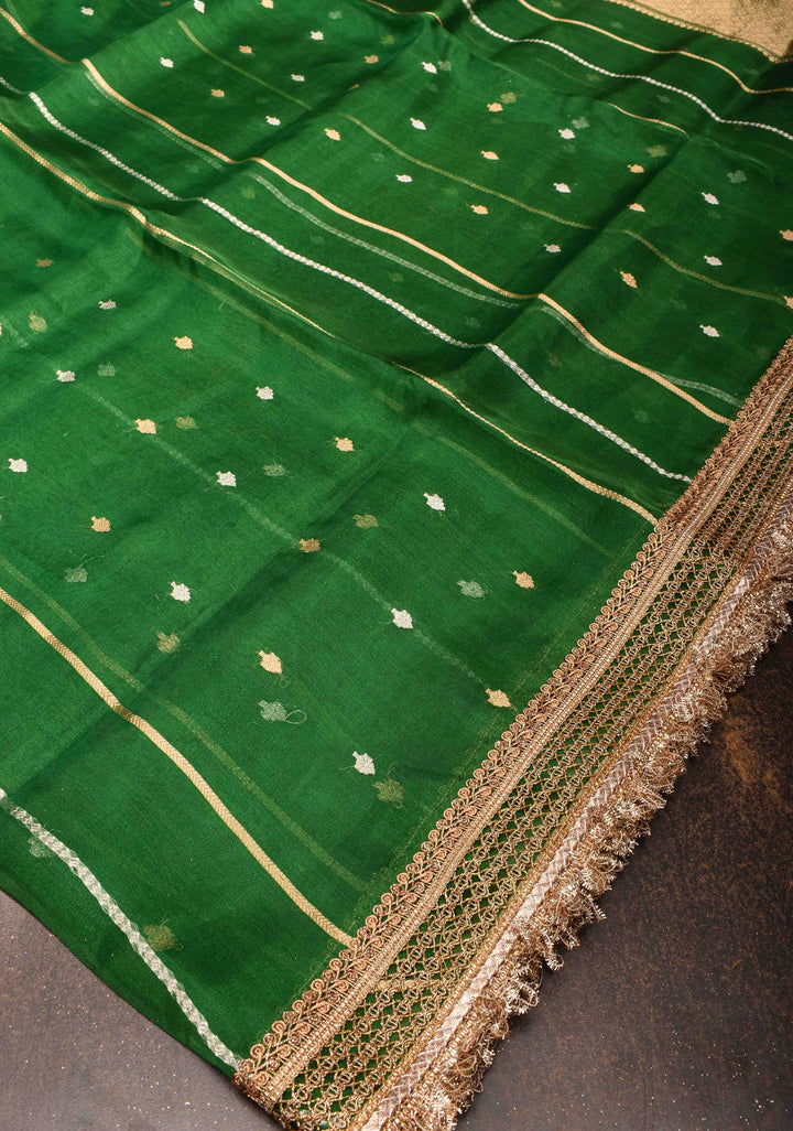 Bottle Green Banarasi Tissue Handloom Saree with Sona Rupa Buttis and Lace Border | SILK MARK CERTIFIED