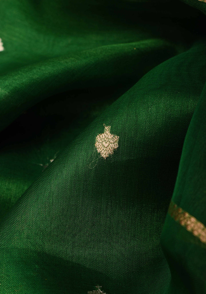 Bottle Green Banarasi Tissue Handloom Saree with Sona Rupa Buttis and Lace Border | SILK MARK CERTIFIED