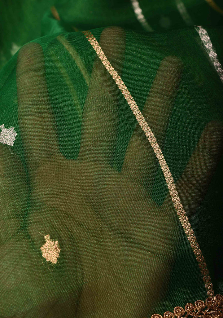Bottle Green Banarasi Tissue Handloom Saree with Sona Rupa Buttis and Lace Border | SILK MARK CERTIFIED