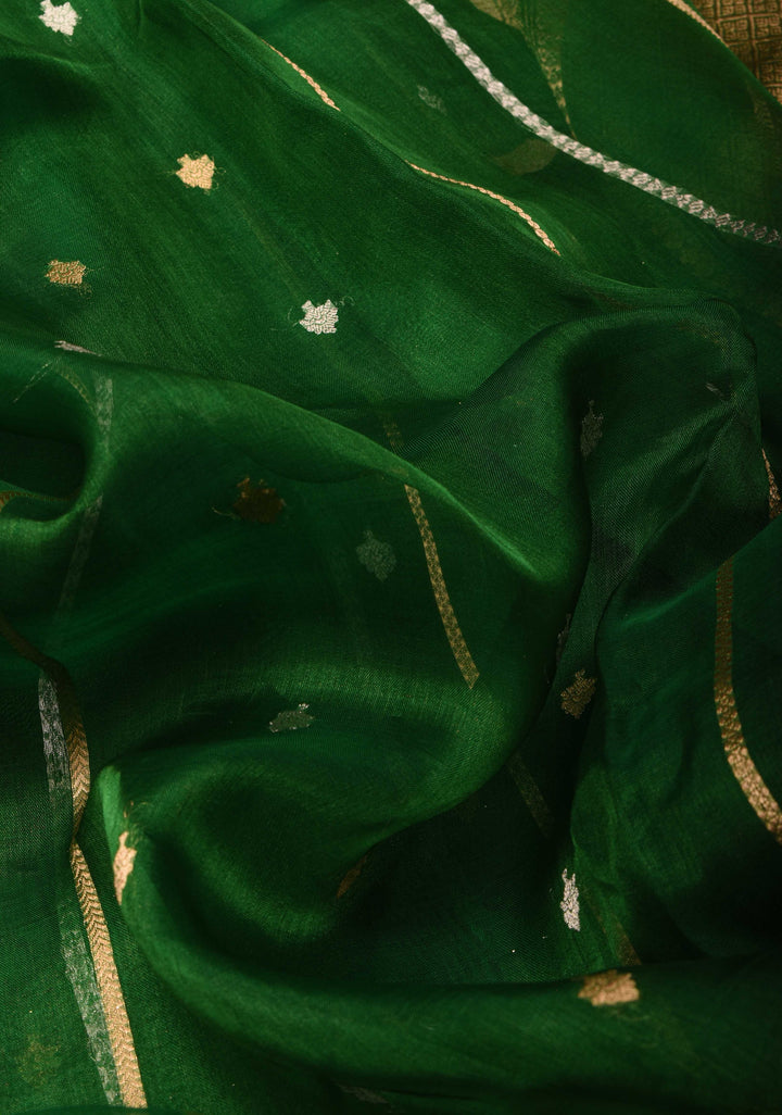 Bottle Green Banarasi Tissue Handloom Saree with Sona Rupa Buttis and Lace Border | SILK MARK CERTIFIED