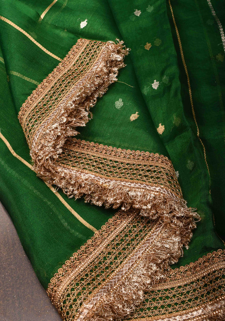Bottle Green Banarasi Tissue Handloom Saree with Sona Rupa Buttis and Lace Border | SILK MARK CERTIFIED