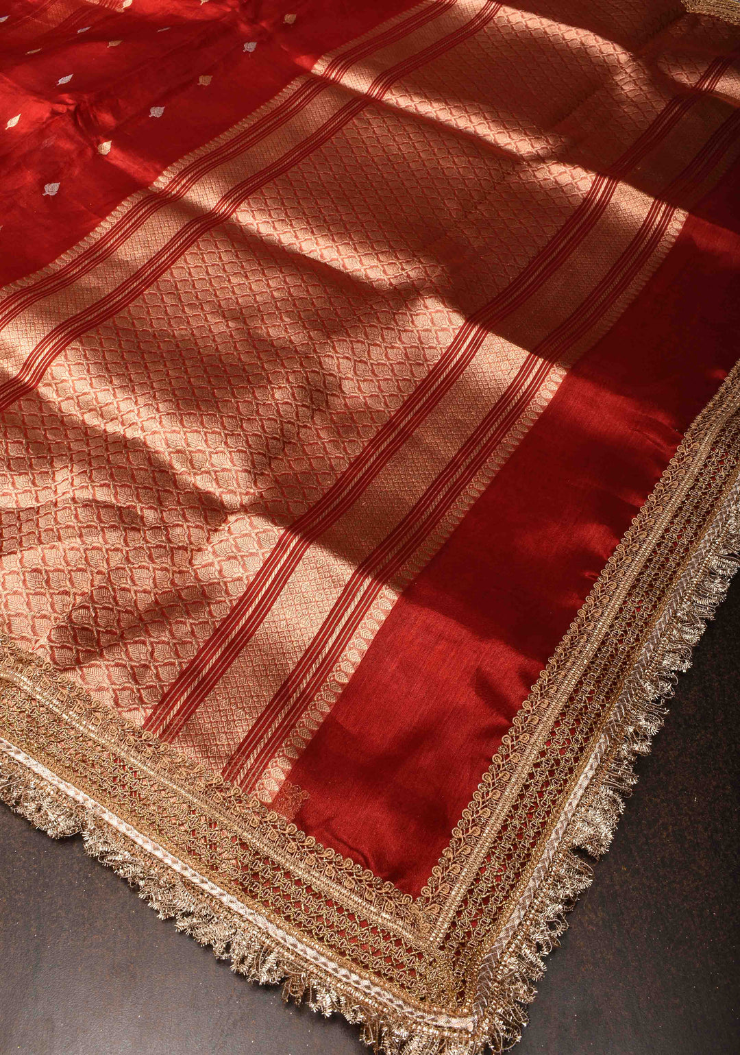 Maroon Banarasi Tissue Handloom Saree with Sona Rupa Buttas and Lace Border| SILK MARK CERTIFIED