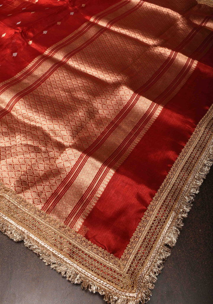 Maroon Banarasi Tissue Handloom Saree with Sona Rupa Buttas and Lace Border| SILK MARK CERTIFIED