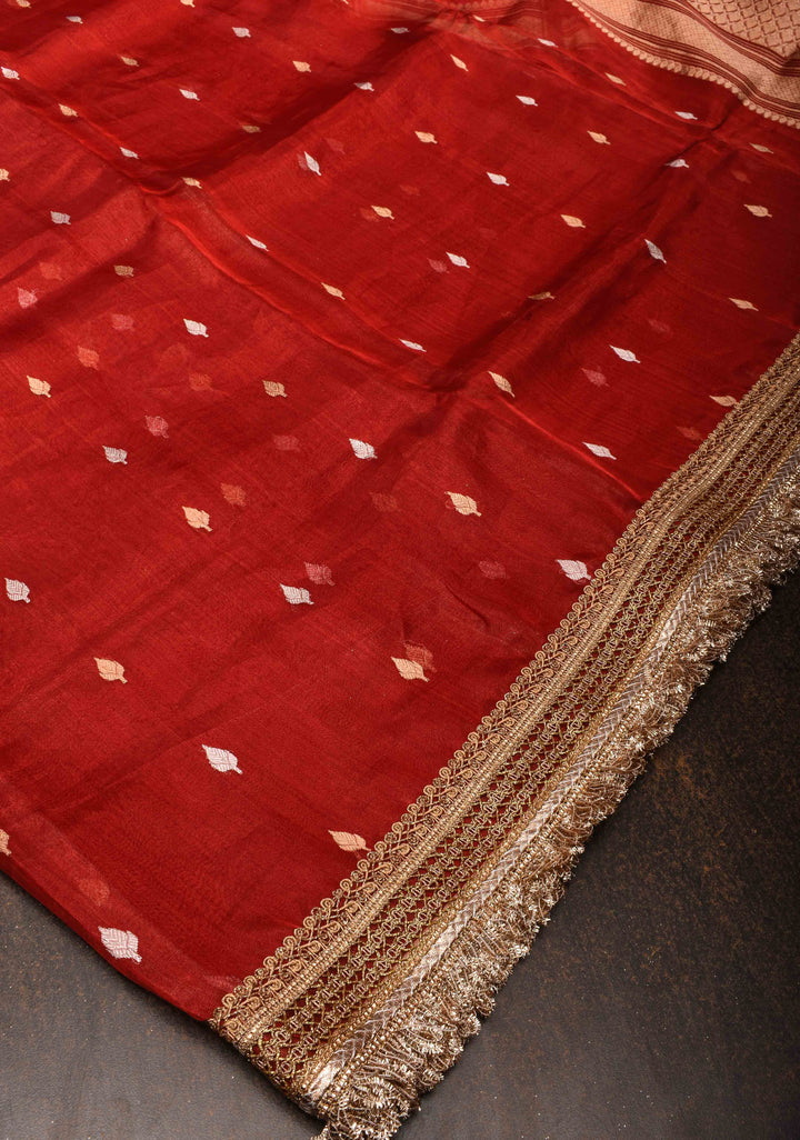 Maroon Banarasi Tissue Handloom Saree with Sona Rupa Buttas and Lace Border| SILK MARK CERTIFIED