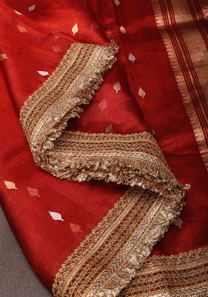 Maroon Banarasi Tissue Handloom Saree with Sona Rupa Buttas and Lace Border| SILK MARK CERTIFIED
