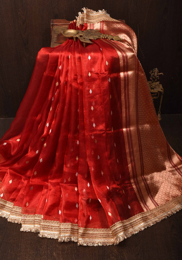 Maroon Banarasi Tissue Handloom Saree with Sona Rupa Buttas and Lace Border| SILK MARK CERTIFIED