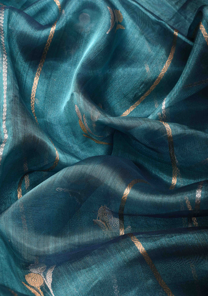 Blueish Cayn Banarasi Tissue Handloom Saree with Vertical Sona Rupa and Lace Border | SILK MARK CERTIFIED