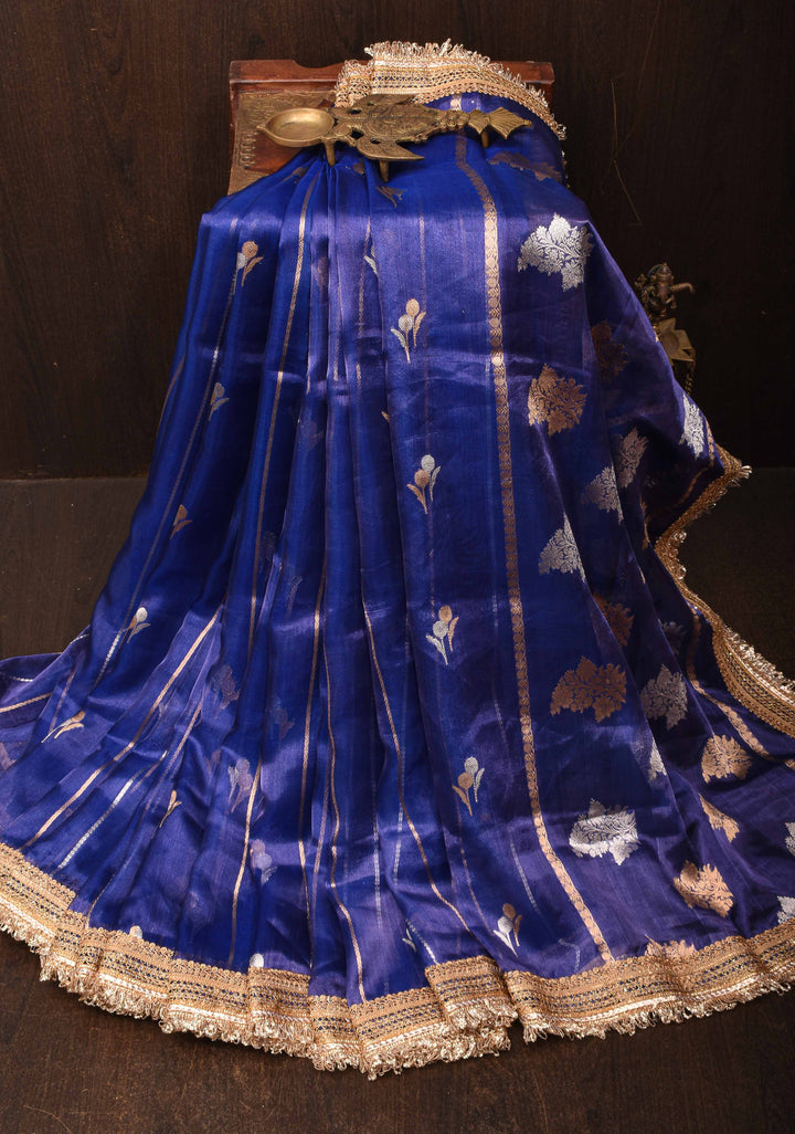 Blue Tissue Silk Saree with Sona Rupa Zari Buttas and Lace Trim Border | SILK MARK CERTIFIED