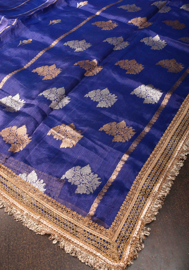 Blue Tissue Silk Saree with Sona Rupa Zari Buttas and Lace Trim Border | SILK MARK CERTIFIED