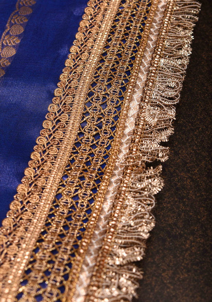 Blue Tissue Silk Saree with Sona Rupa Zari Buttas and Lace Trim Border | SILK MARK CERTIFIED