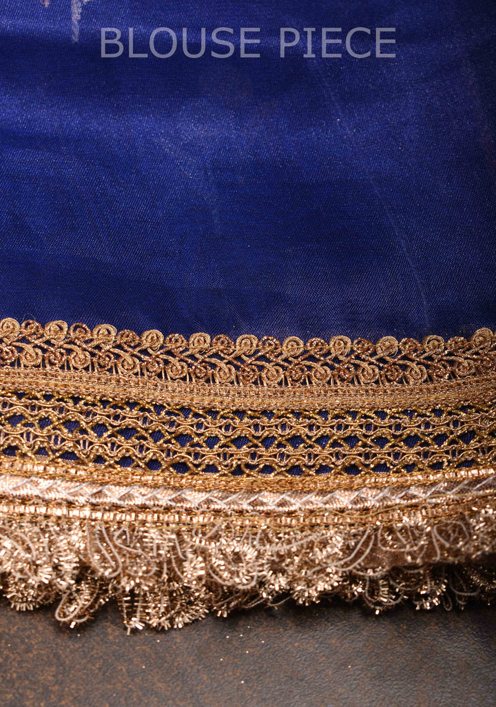 Blue Tissue Silk Saree with Sona Rupa Zari Buttas and Lace Trim Border | SILK MARK CERTIFIED